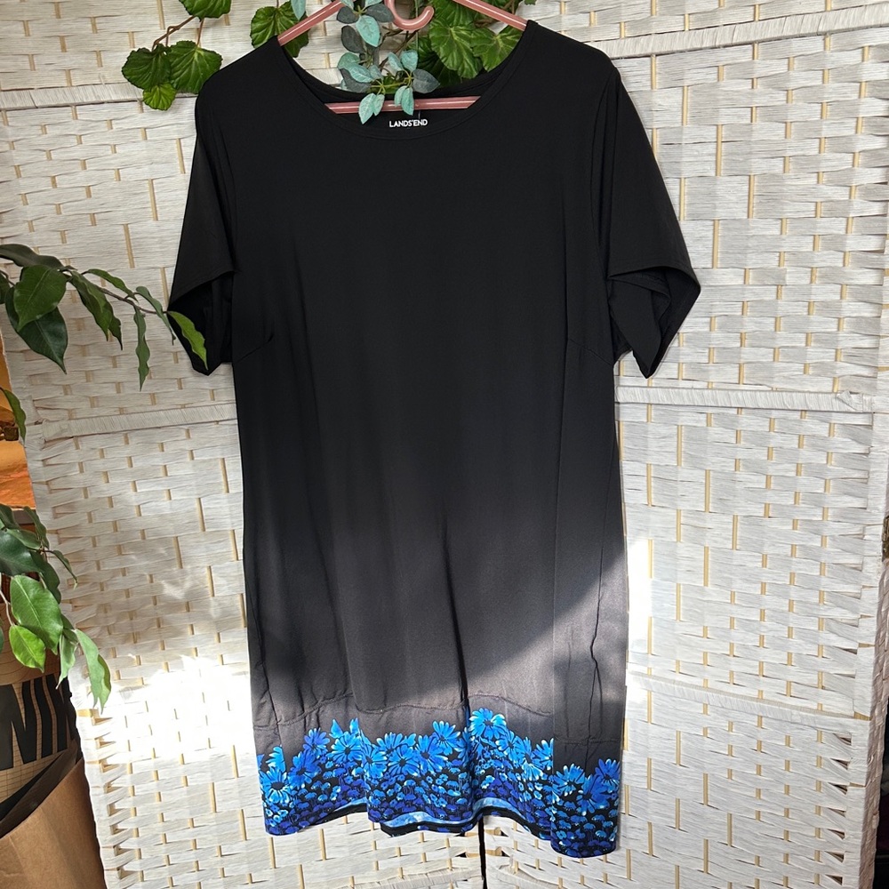 Lands' End Women's Black dress with Blue Floral Accents.slightly below knee.